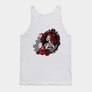 Red Skeleton Girl in Mirror Drink Me Bottle Red and White Roses Tank Top